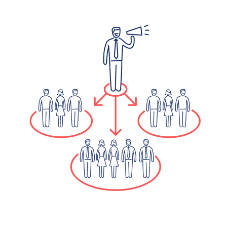 Conceptual vector icon of pr public relations communication with different groups of people | modern flat design marketing and business linear illustration and infographic concept red and blue on white backgroundのイラスト素材