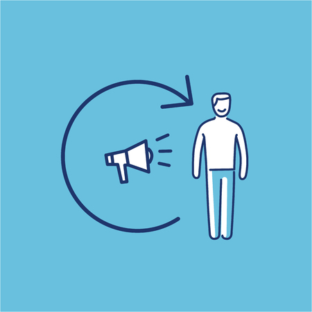 Conceptual vector remarketing icon with megaphone and customer | modern flat design marketing and business linear illustration and infographic concept on blue backgroundのイラスト素材