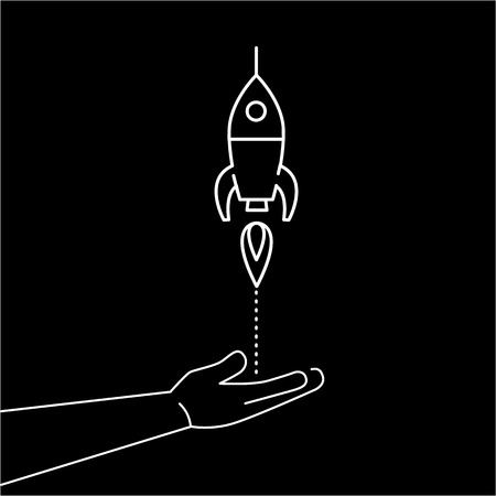 Conceptual vector icon of campaign or project launch rocket starting from open hand palm | modern flat design marketing and business linear illustration and infographic concept white on black backgroundのイラスト素材