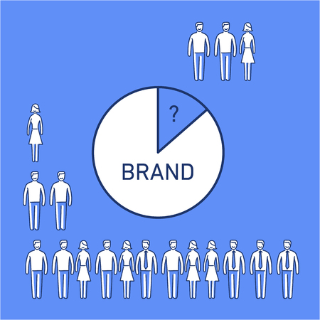 Conceptual vector icon of brand awareness with different groups of people and pie chart | modern flat design marketing and business linear illustration and infographic concept on blue backgroundのイラスト素材