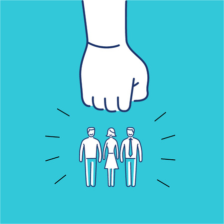 Conceptual vector aggressive campaign strategy icon of people group pushing down by hand fist | modern flat design marketing and business linear illustration and infographic concept on blue backgroundのイラスト素材