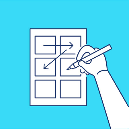 Conceptual vector storyboard icon of hand drawing creative sketches | modern flat design marketing and business linear illustration and infographic concept on blue backgroundのイラスト素材