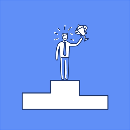 Conceptual vector tender winner icon of businessman standing on the top of the podium with gold cup | modern flat design marketing and business linear illustration and infographic concept on blue backgroundのイラスト素材