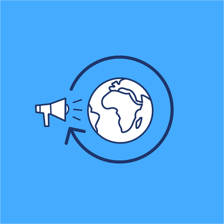 Conceptual vector global marketing campaign strategy icon with megaphone and globe | modern flat design marketing and business linear illustration and infographic concept on blue backgroundのイラスト素材