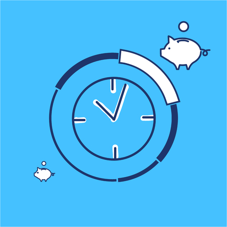 Conceptual vector prime time icon of clocks and pie chart around with different price parts and piggy money bank | modern flat design marketing and business linear illustration and infographic concept on blue backgroundのイラスト素材