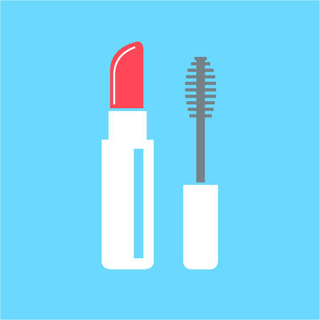 Conceptual vector cosmetic lipstick and mascara icon | modern flat design cosmetic and spa illustration and infographic concept colorful on blue backgroundのイラスト素材