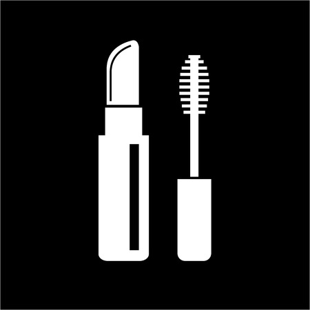 Conceptual vector cosmetic lipstick and mascara icon | modern flat design cosmetic and spa illustration and infographic concept white on black backgroundのイラスト素材
