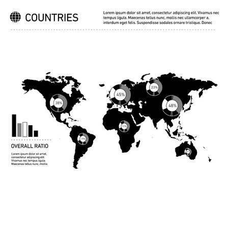 Conceptual infographic worldwide countries map chart | modern flat design illustration of infographics elements black on white backgroundのイラスト素材