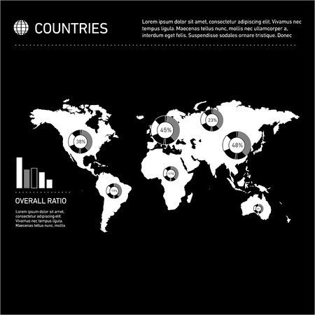 Conceptual infographic worldwide countries map chart | modern flat design illustration of infographics elements white on black backgroundのイラスト素材