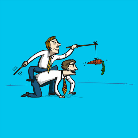 Motivation manipulation and reaching goal - conceptual vector illustration man riding another man chased with carrot at the end of the stickのイラスト素材
