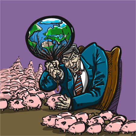 greedy businessman destroying earth for money - conceptual vector environmental issueのイラスト素材