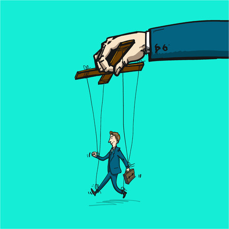 Businessman on strings like marionette - illustration of leadership or manipulationのイラスト素材