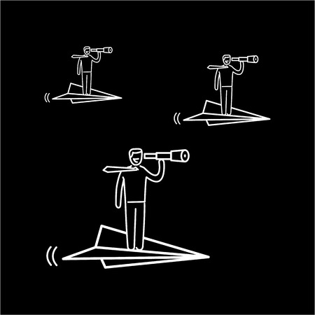 Vector business icon of paper airplane with businessman flying right direction | modern flat design linear concept illustration and infographic white on black backgroundのイラスト素材