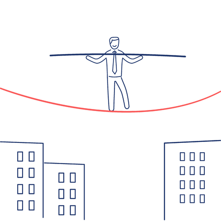 Vector business icon of businessman balancing on rope | modern flat design linear concept illustration and infographic red and blue on white backgroundのイラスト素材