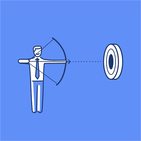 Aiming target. Vector business illustration of businessman with bow and arrow focusing on goal | modern flat design linear concept icon and infographic on blue backgroundのイラスト素材