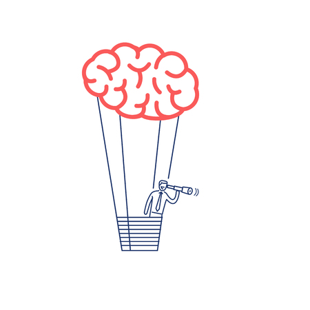 Brain baloon. Vector business illustration of businessman finding new inspiration with telescope | modern flat design linear concept icon and infographic red and blue on white backgroundのイラスト素材