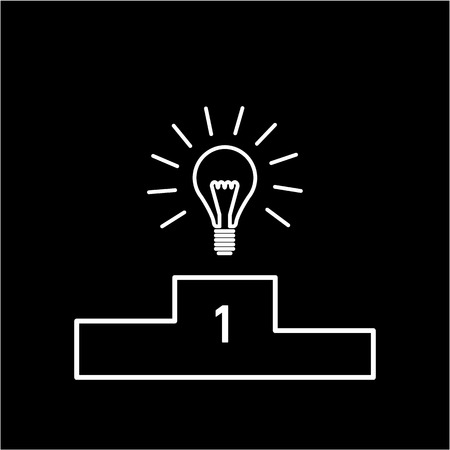 Best idea. Vector business icon of bulb on winners podium | modern flat design linear concept illustration and infographic blue on white backgroundのイラスト素材