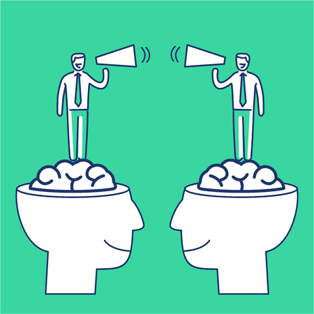 Communication between two brains. Vector business illustration of business people with megaphone standing in human brain | modern flat design linear concept icon and infographic on green backgroundのイラスト素材