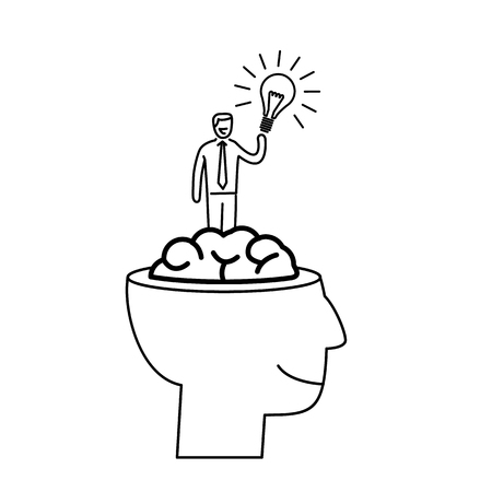 New Idea. Vector business illustration of businessman inside brain with bulb in hand | modern flat design linear concept icon and infographic black on white backgroundのイラスト素材