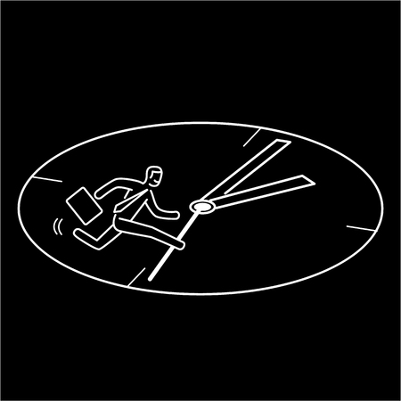 Hurry. Vector business illustration of stressed businessman running in clocks dial | modern flat design linear concept icon and infographic white on black backgroundのイラスト素材