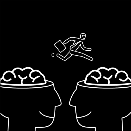 Mind exchange. Vector illustration of businessman jumping from one brain to other | modern flat design linear concept icon and infographic white on black backgroundのイラスト素材