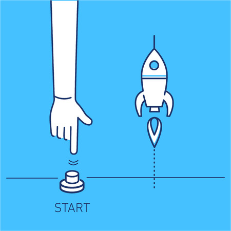 Start up. Vector business illustration of hand pushing start button and rocket | modern flat design linear concept icon and infographic on blue backgroundのイラスト素材