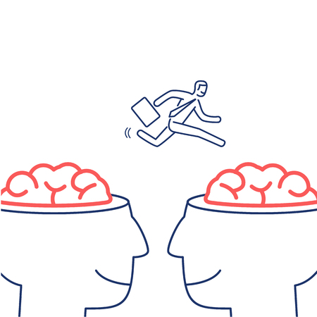 Mind exchange. Vector illustration of businessman jumping from one brain to other | modern flat design linear concept icon and infographic blue and red on white backgroundのイラスト素材
