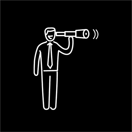 View. Vector business illustration businessman with telescope | modern flat design linear concept icon and infographic white on black backgroundのイラスト素材