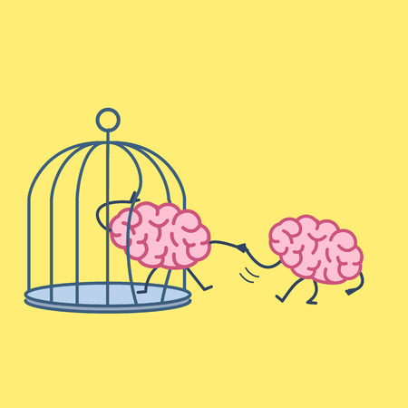 Brain helping other to escape from cage. Vector concept illustration of support escaping imprisoned mind  | flat design linear infographic icon on yellow backgroundのイラスト素材