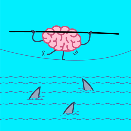 challenge and courage - conceptual vector illustration of brain balancing on rope over the water with sharks | flat design linear infographic icon on blue backgroundのイラスト素材