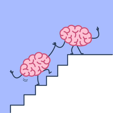 Brain helping hand to success. Vector concept illustration of two brains cooperation on stairs to goal | flat design linear infographic icon on violet backgroundのイラスト素材