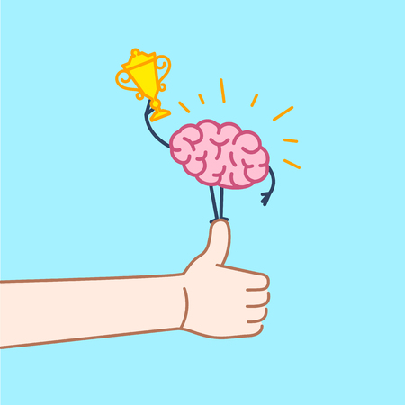 Brain champion. Vector concept illustration of best brain with golden goblet standing on thumb up | flat design linear infographic icon on blue backgroundのイラスト素材