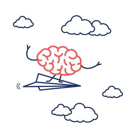 Brain on right direction. Vector concept illustration of brain flying on paper plane | flat design linear infographic icon red and blue on white backgroundのイラスト素材