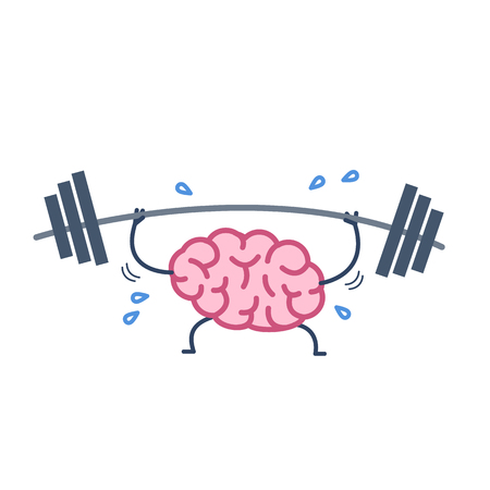 Brain workout. Vector concept illustration of hard working sweating brain with barbell in gym | flat design linear infographic icon colorful on white backgroundのイラスト素材