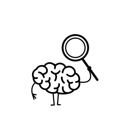Brain with magnifying glass. Vector concept illustration searching brain | flat design linear infographic icon black on white backgroundのイラスト素材