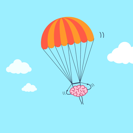 Brain flying on parachute. Vector concept illustration of inventive and creative mind | flat design linear infographic icon on blue backgroundのイラスト素材