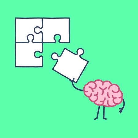 Brain making puzzle. Vector concept illustration of creative mind finding solution | flat design linear infographic icon on green backgroundのイラスト素材