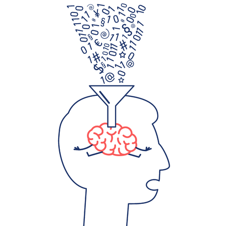 Brain in human head informations filling with funnel. Vector concept illustration of education and information absorbing | flat design linear infographic icon red and blue on white backgroundのイラスト素材