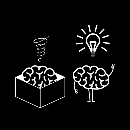 Brain thinking out of the box. Vector concept illustration of brain in the box and out of the box with new idea | flat design linear infographic icon white on black backgroundのイラスト素材