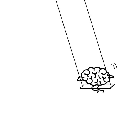 Brain swings on swing. Vector concept illustration of happy relaxed creative mind | flat design linear infographic icon black on white backgroundのイラスト素材