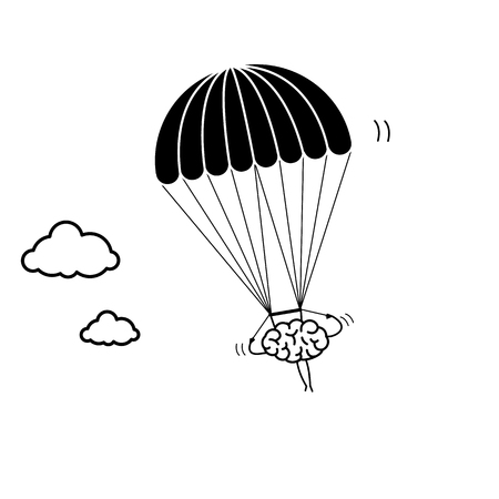 Brain flying on parachute. Vector concept illustration of inventive and creative mind | flat design linear infographic icon black on white backgroundのイラスト素材