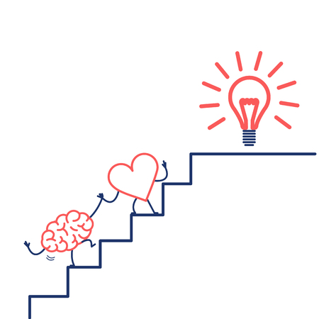 heart leading brain to success. Vector concept illustration of heart cooperation and teamwork with brain on stairs to goal new idea bulb | flat design linear infographic icon red and blue on white backgroundのイラスト素材