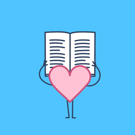 Heart reading book or newspaper. Vector concept illustration of learning informed heart | flat design linear infographic icon on blue backgroundのイラスト素材
