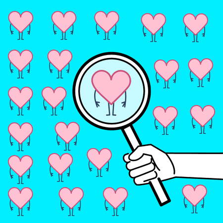 Searching heart or heart research. Vector concept illustration of hand with magnifying glass searching hearts | flat design linear infographic icon on blue backgroundのイラスト素材