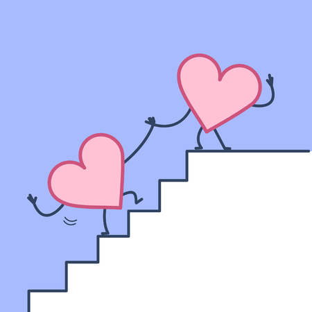 Heart helping hand to success. Vector concept illustration of two hearts cooperation on stairs to goal | flat design linear infographic icon on violet backgroundのイラスト素材