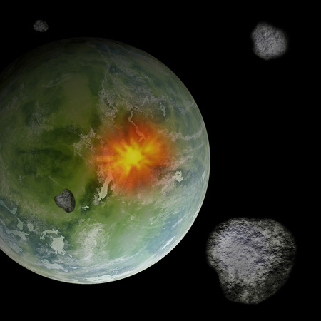 Meteorites in space colliding with Earth like planet, computer generated illustration.
