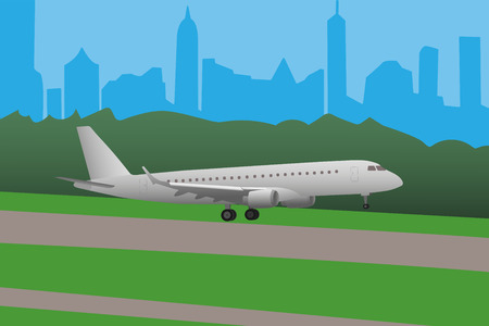 Vector illustration of airplane landing on airport by big city.のイラスト素材