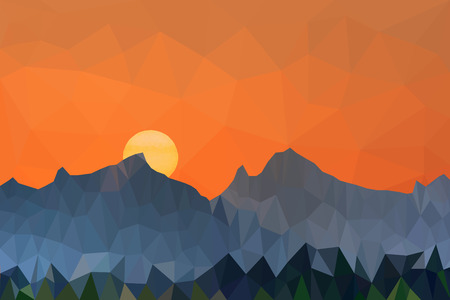 Low poly vector illustration of mountains and colorful sky landscape at sunset.のイラスト素材