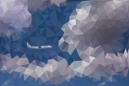 Low poly abstract vector illustration of dramatic sky with clouds and a flying plane.のイラスト素材
