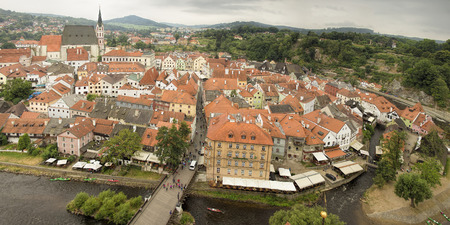 Panorama of famous historical city Cesky Krumlov 160 km or 100 miles south of Prague on the river Vltava, Czech Republic, Europe.のeditorial素材